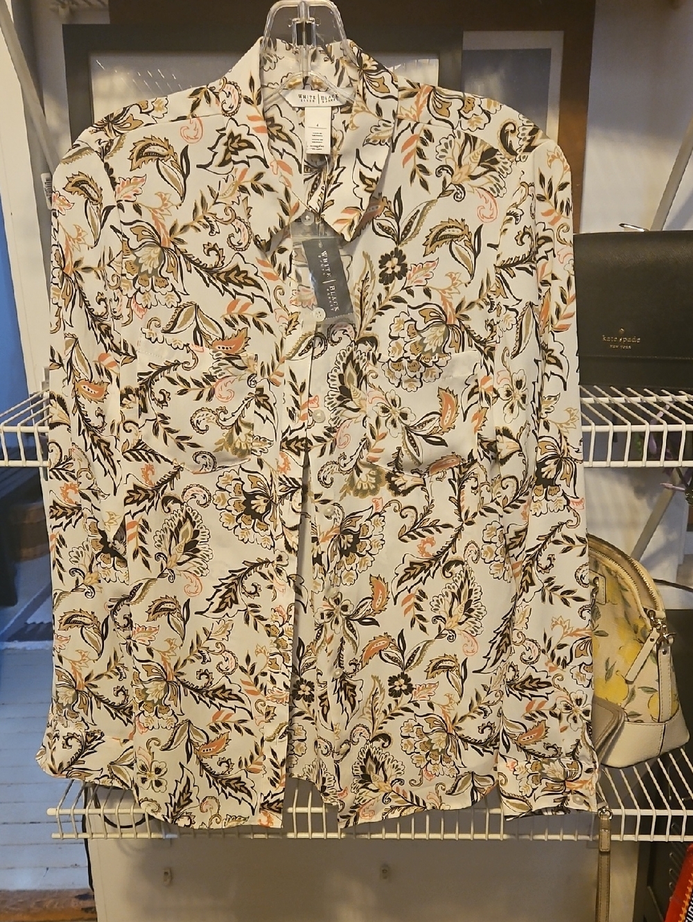 White House Black Market Cream Floral Button-Down Shirt